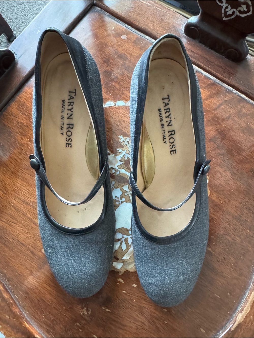 Taryn Rose Gray Mary Jane Heels with Black Trim
